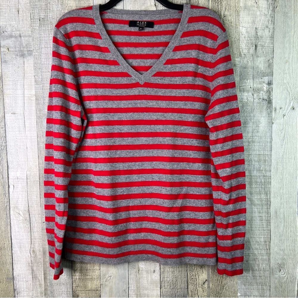 Alex Marie Size XL Striped Cashmere Sweater Long Sleeves V-Neck Red & Gray